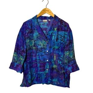 CHICO'S Size 3 US XL Silk Linen Blend Button Up 3/4 Sleeve Colorful Boxy Blouse